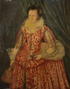 Porträt einer Dame, Dreiviertellänge, in einem roten und weißen Kleid, hält Handschuhe und einen Fächer